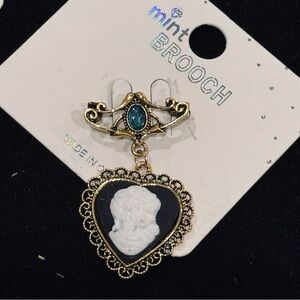 NWT Heart Cameo Drop Brooch Romantic Victorian Style Filigree Pin Blue